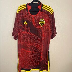 Adidas Red and Yellow Soccer Jersey with Tribal Pattern